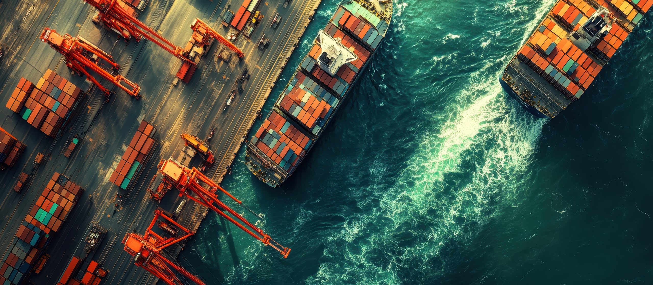 Aerial View of Cargo Ships and Containers at Busy Industrial Port with Vibrant Blue Ocean Waves and Red Cranes in Dynamic Motion