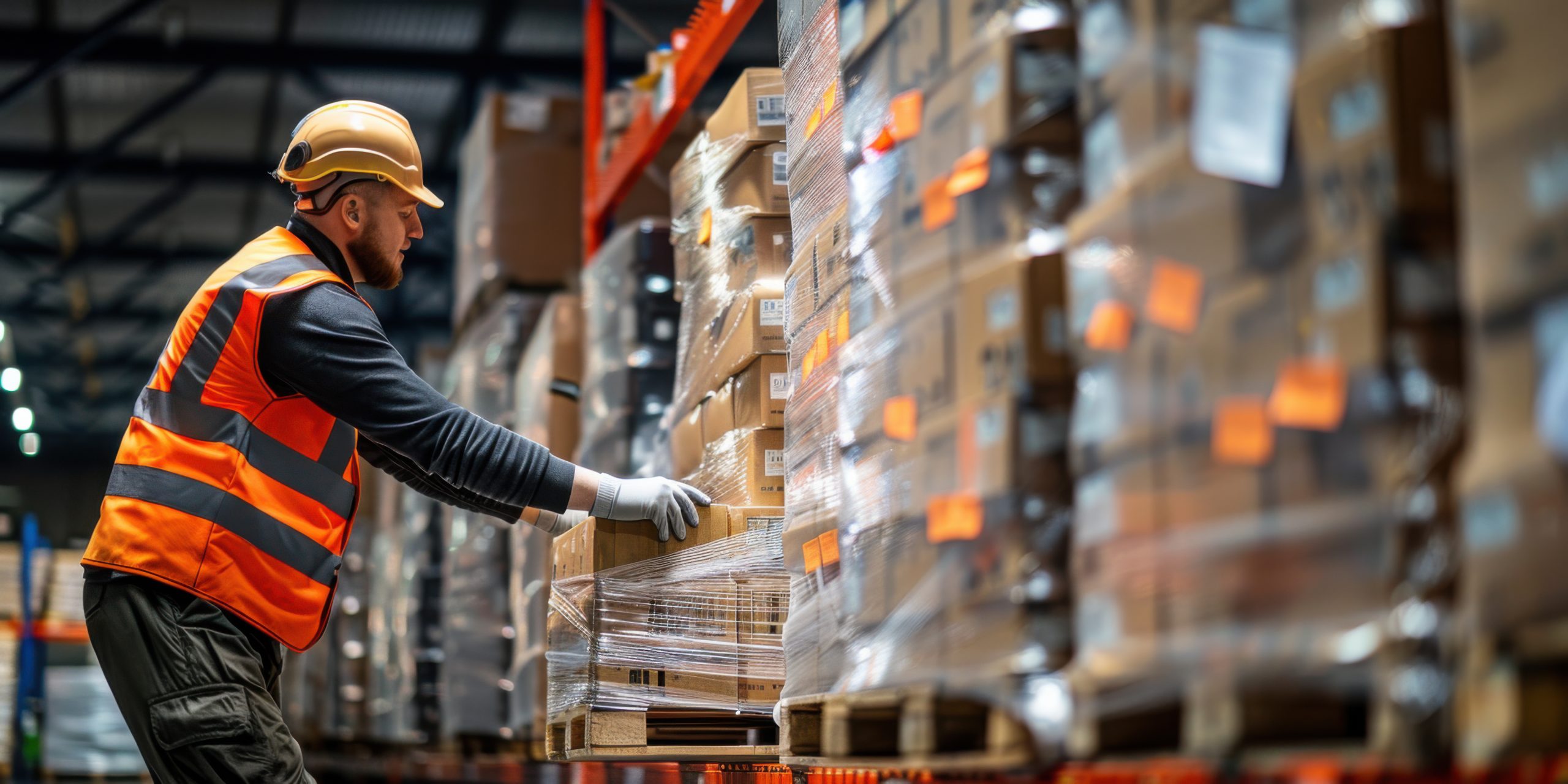Male warehouse worker in a reflective vest stacking boxes on she